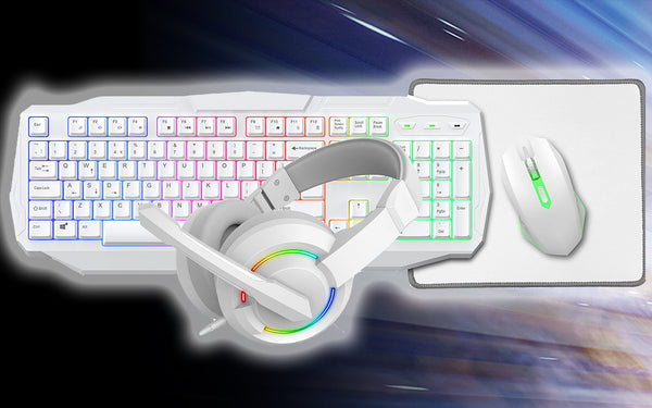 Scorpion 4-in-1 White Keyboard Mouse Headset Mouse Pad Combo Kit ACC35