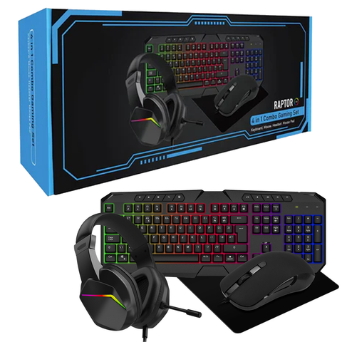 Keyboard Raptor Plus Mouse Gaming Bundle Raptor 4-in-1 Keyboard Mouse Headset Mouse Pad Combo Kit ...