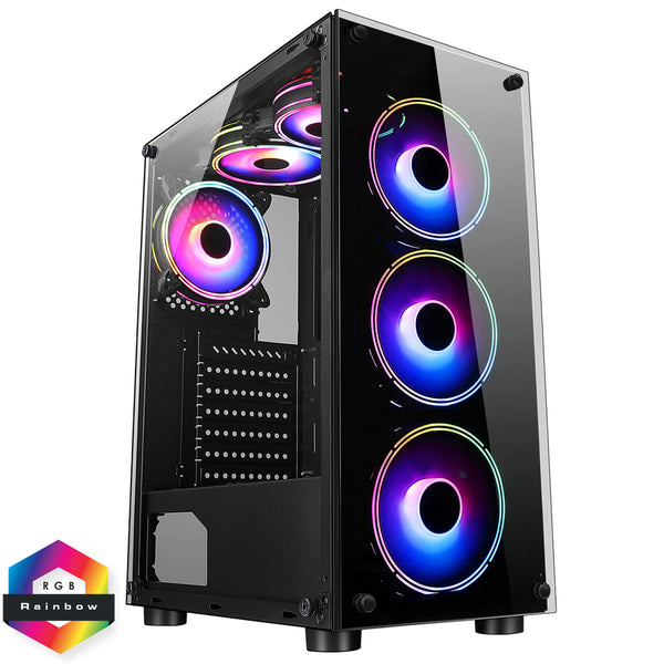 Computer Case Mirage F6 6x RGB Rainbow Fans TG Front and Side Panel